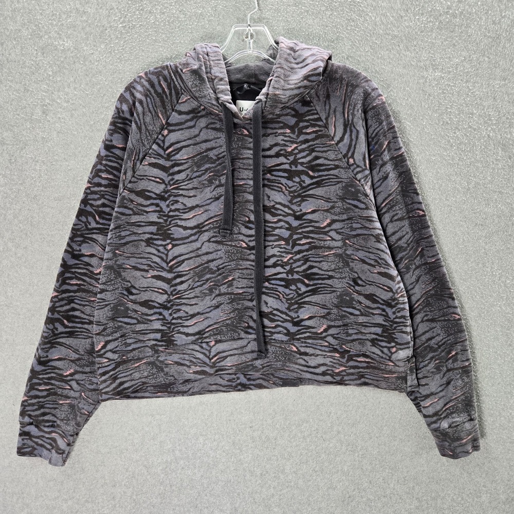 AllSaints Women Sweatshirt Medium Gray Zebra Print Hoodie Drawstring Pullover
